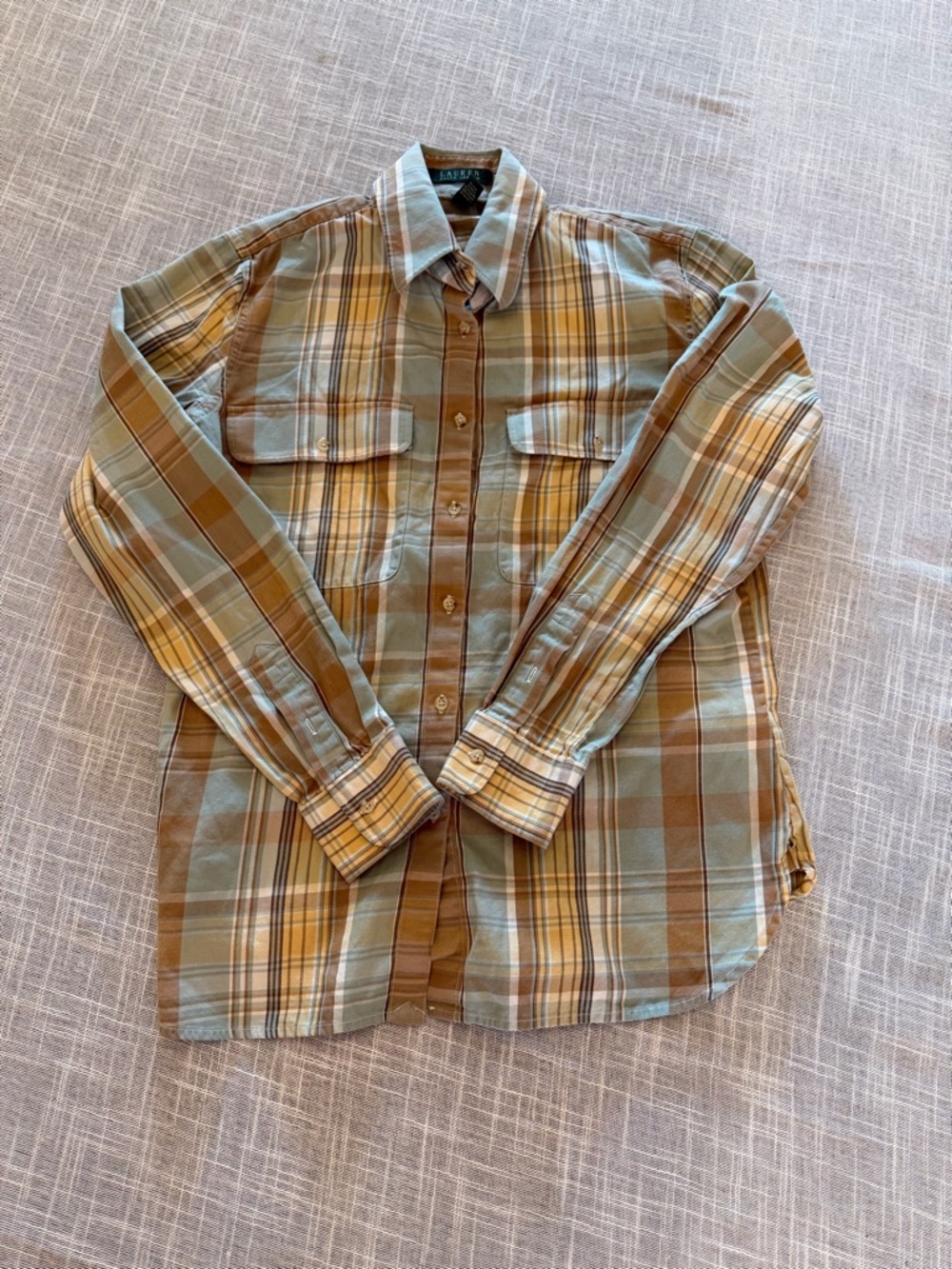 Lauren Ralph Lauren Womens Plaid Button Down Shirt Medium Green Tan Cotton